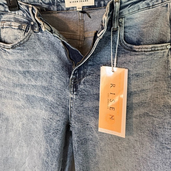 Risen Medium Wash High Waist, Straight-Side Slit Jeans, NWT, Distressed - Picture 3 of 8